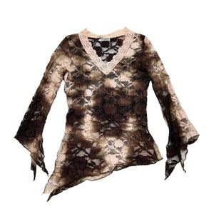 Y2k brown lace fairy flare sleeve top size M